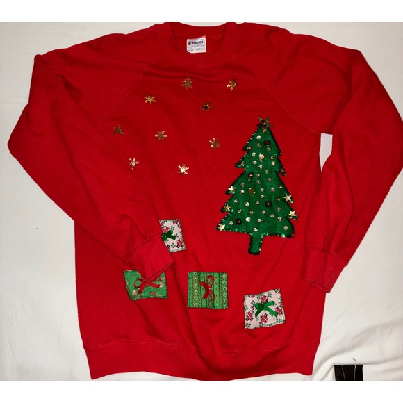 Hanes Other - Vintage Hanes Christmas Tree Sweatshirt Red Ugly Holiday Pullover Medium USA